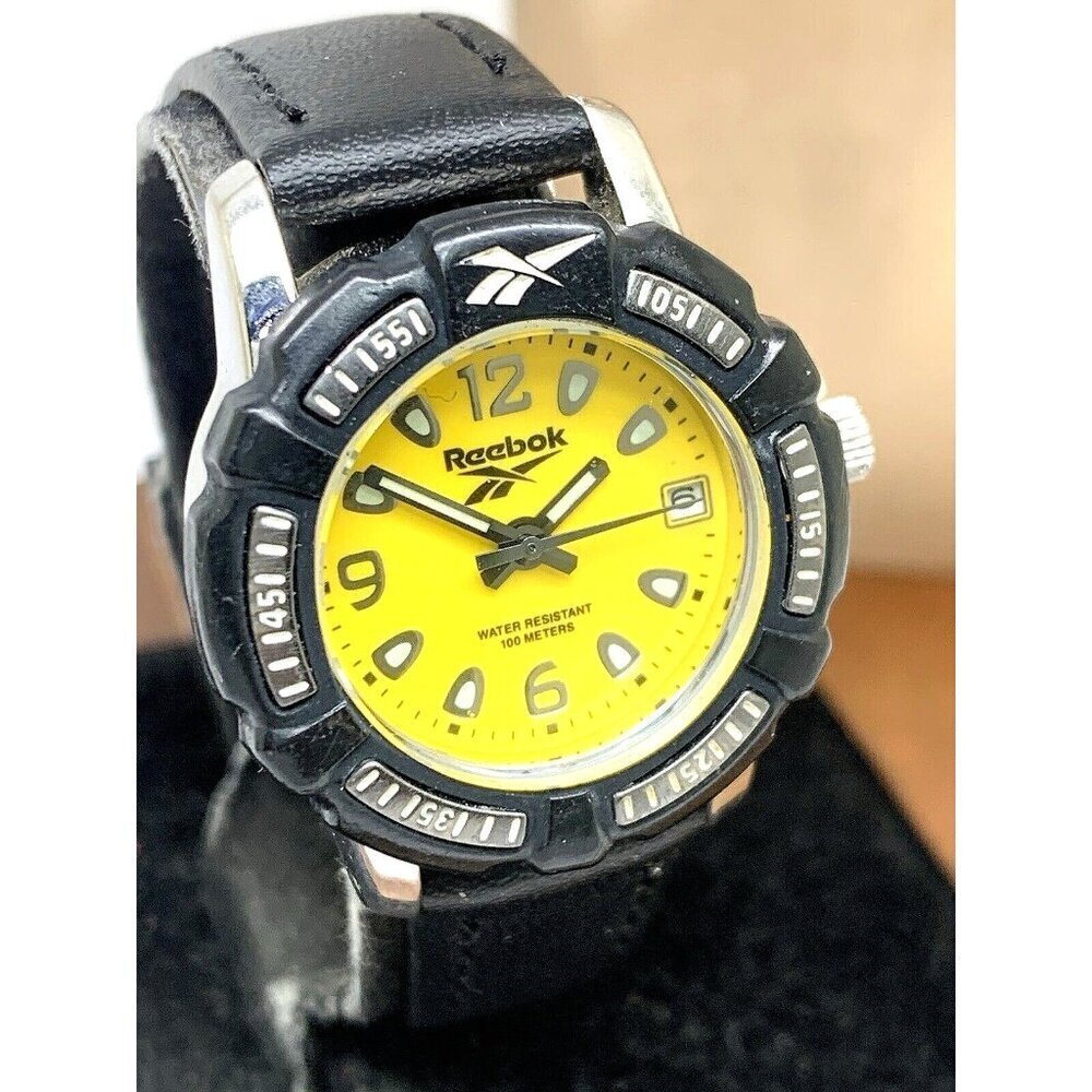 Reebok Women's Watch Quartz VX12 Diver Yellow Dial Black Leather Strap 29mm